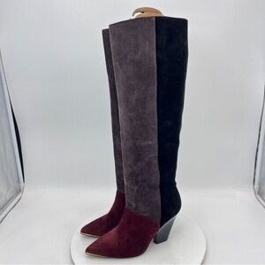 BNWOT Tory Burch Lilah Patchwork Black Grey Leather Pointy Toe knee high Boots